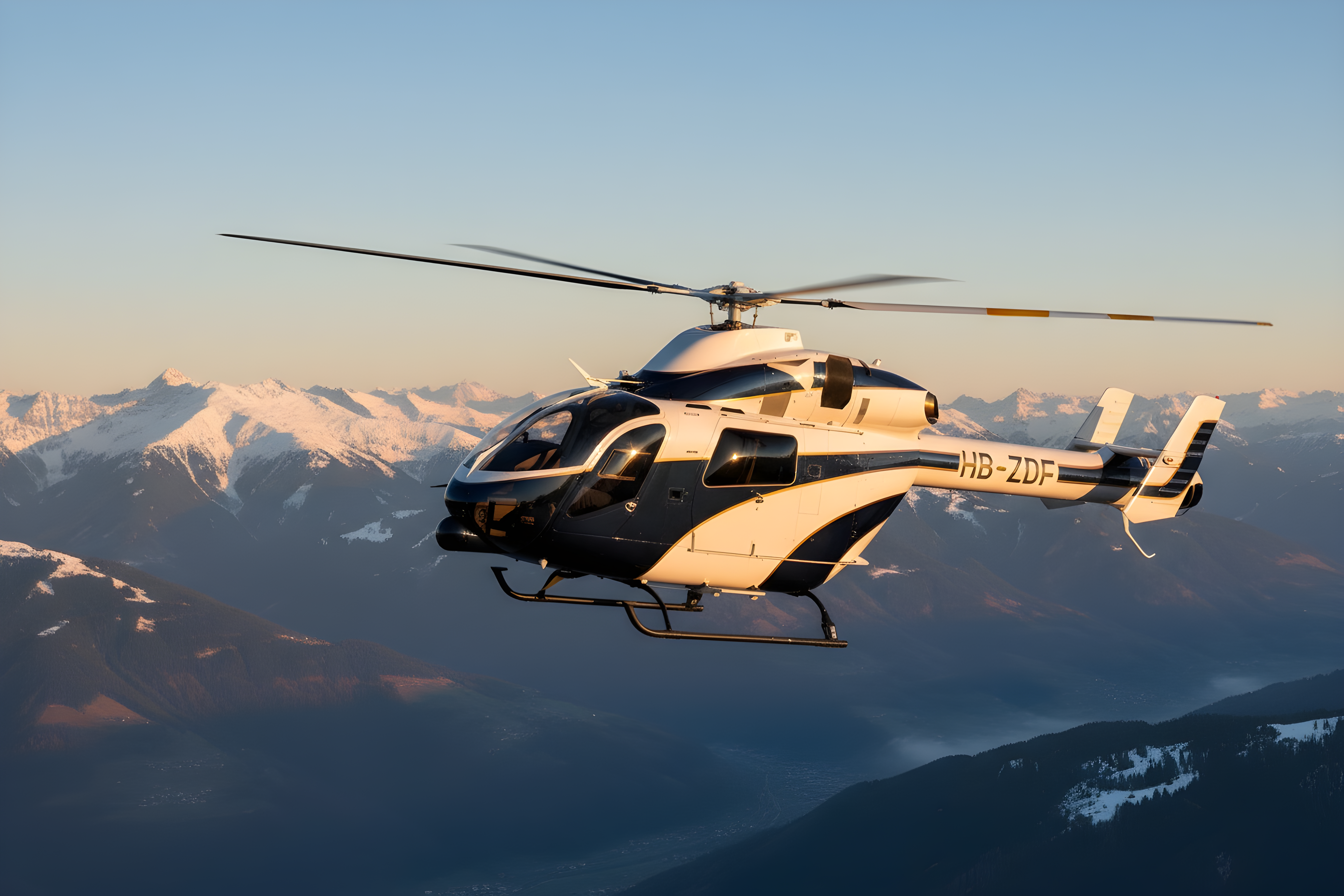 Helicopter MD902 at sunset flying to Davos in front of the Swiss Alps.
