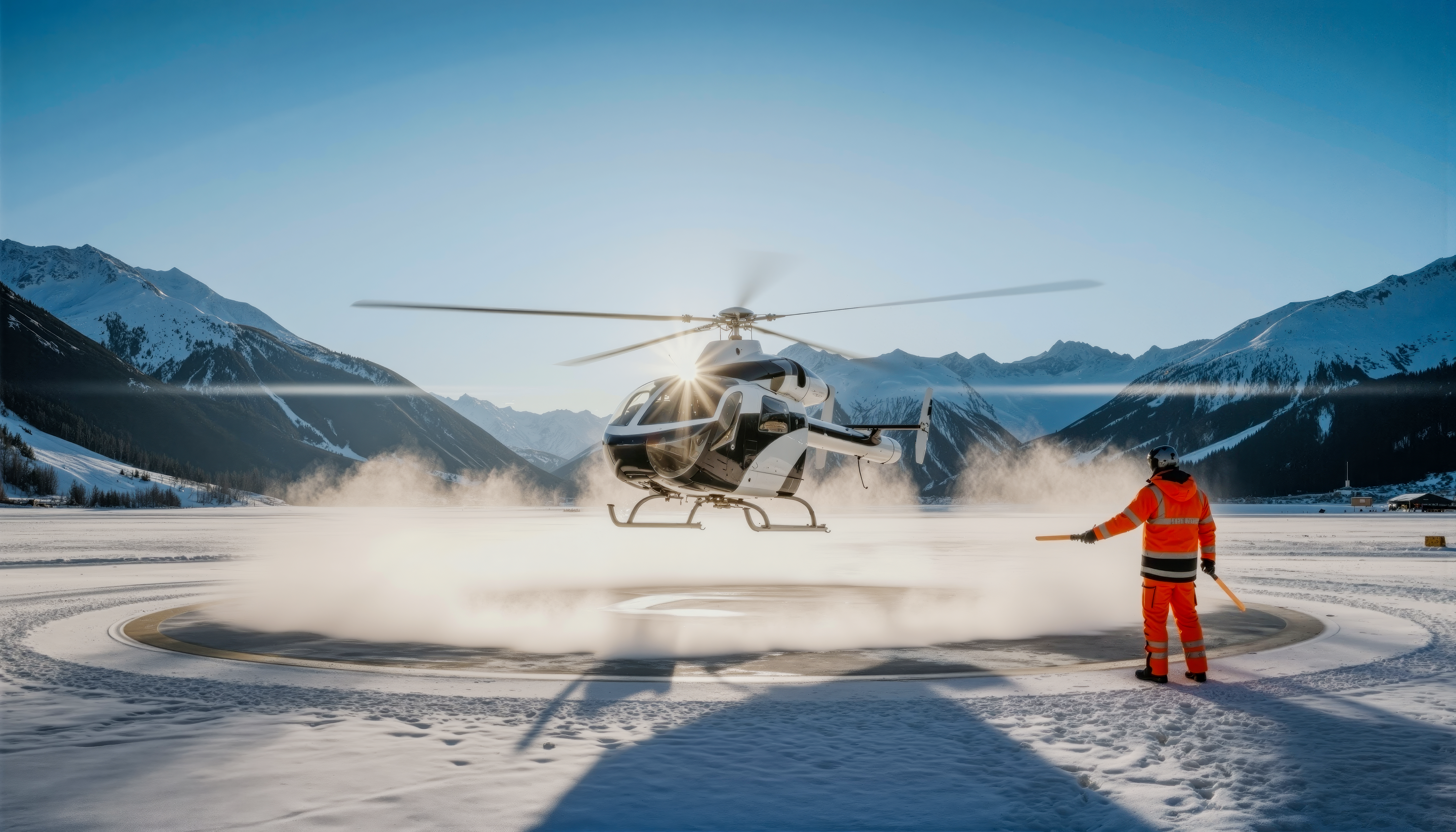Helicopter MD902 landing in Davos in front of the Swiss Alps